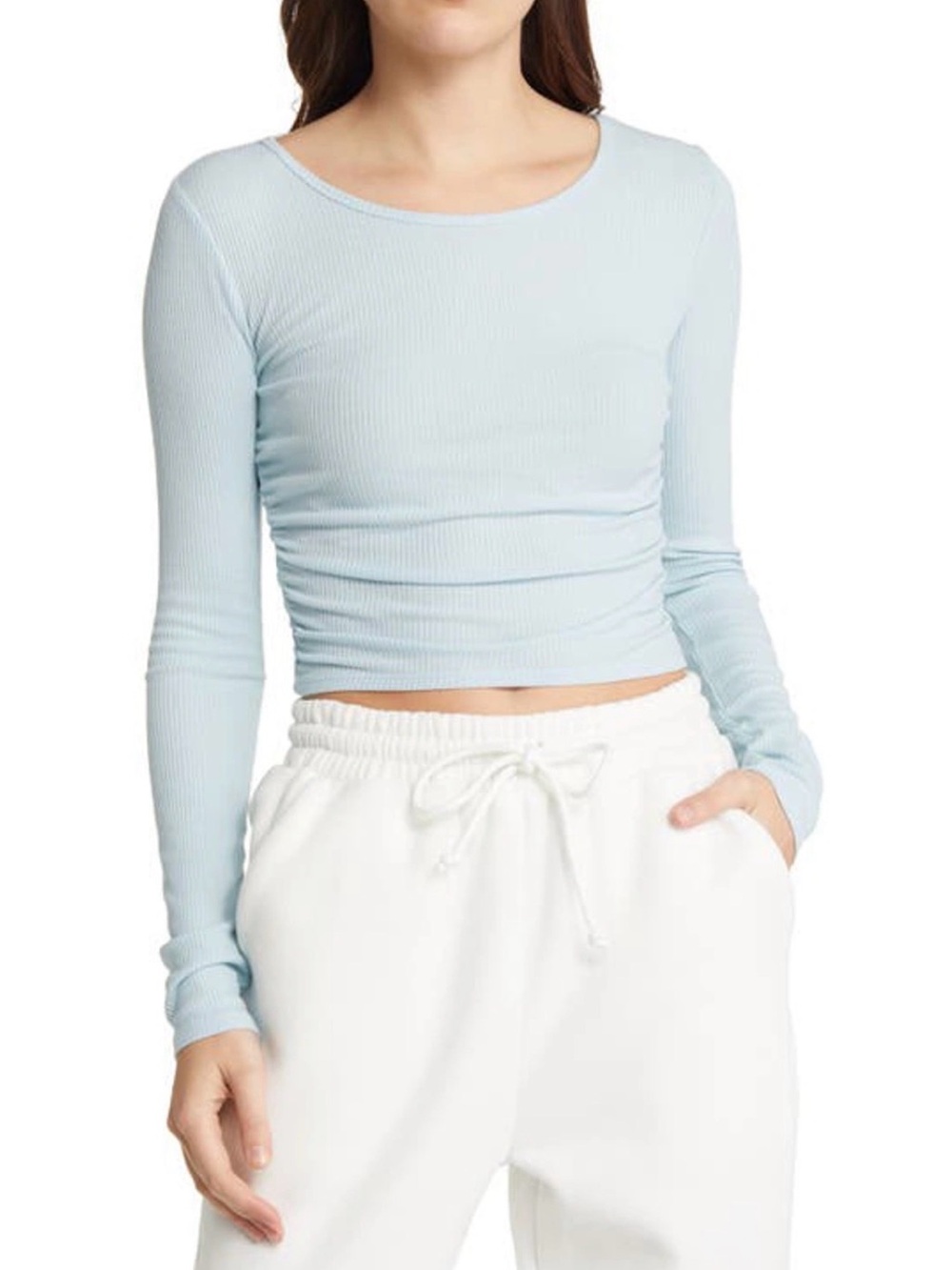 NWT ALO Yoga Chalk Blue Pale Blue Ribbed Long-Sleeve Crop Top